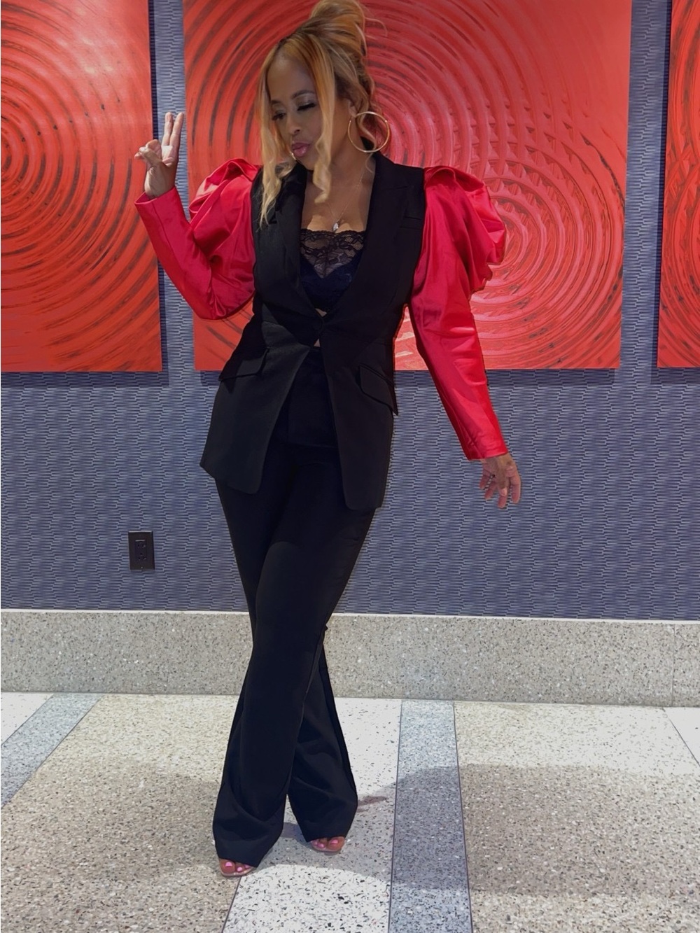 Women's Black Wide-Leg Pants with Pink Puff-Sleeve Blazer Set